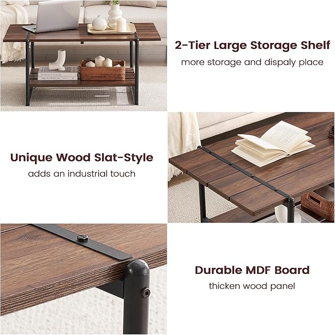 2-Tier Farmhouse 41'' Large Gray Wood Coffee Table with Storage Shelf -Modern Rustic Metal Rectangle Center Living Room Coffee Table Accent Furniture for Home Office,Easy Assembly(Walnut Brown)