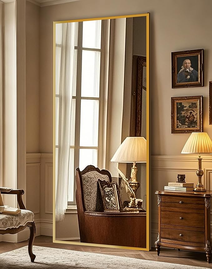 Delma Full Length Standing Mirror,Large Floor Mirror with Aluminum Frame for Bedroom, Bathroom, Living Room,Wall Mount or Freestanding Design(with Stand,Rect 75x35-Gold)