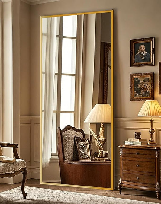 Delma Full Length Standing Mirror,Large Floor Mirror with Aluminum Frame for Bedroom, Bathroom, Living Room,Wall Mount or Freestanding Design(with Stand,Rect 75x35-Gold)