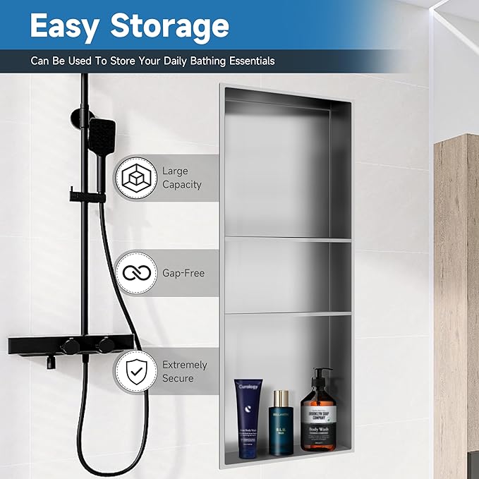 12" X 30" Shower Niche Insert Tile Ready, Niche for Shower Wall, 3-Tier Stainless Steel Recessed Shelves No Tile Needed for Bathroom Storage, Brushed Nickel