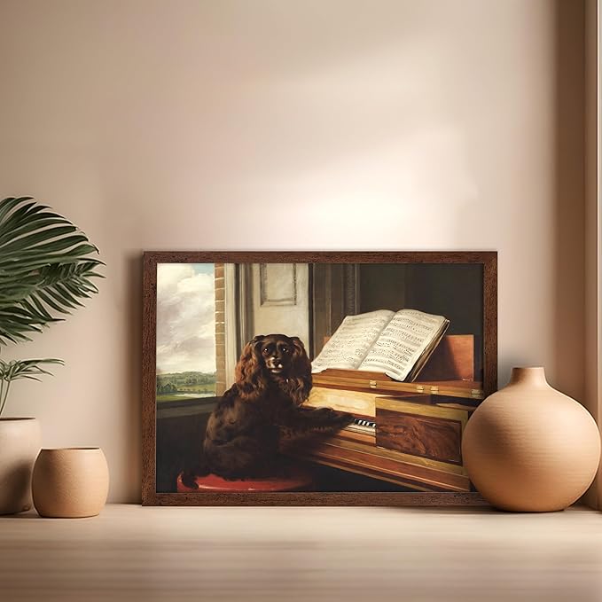 Poster Master Vintage Portrait of an Extraordinary Musical Dog Poster - Retro Dog Print - Puppy Art - Music Art - Piano Art - Animal Lover Art - Living Room or Office Decor, 16x20 Brown Framed