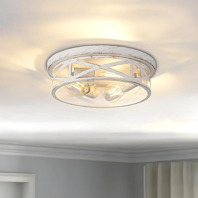 2 Pack Close to Ceiling Light Fixtures, 3-Lights Cage Flush Mount Ceiling Light, 13 Inch White and Gold Semi Flush Mount Ceiling Light for House Bedroom Laundry Hallway Kitchen