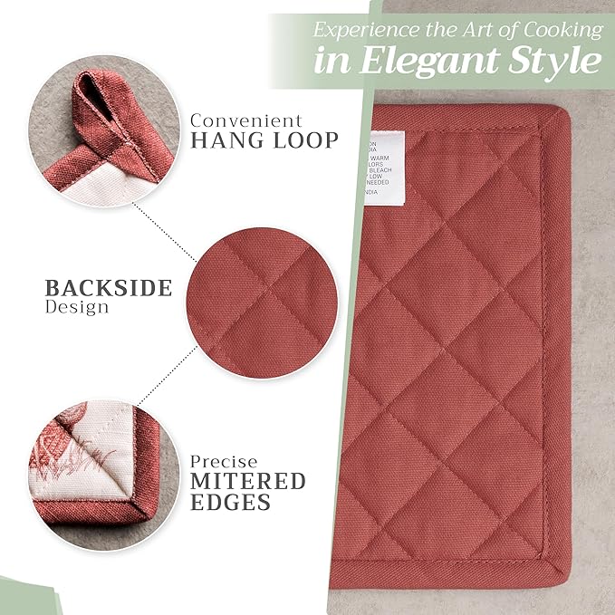 Maison d' Hermine Pot Holders Set 100% Cotton Heat Resistant Potholders 8" x 8" Hot Pads with Loop for Thanksgiving Christmas Decorations BBQ Baking Handling Hot Pans (Pack of 2, Holy Jouy - Red)