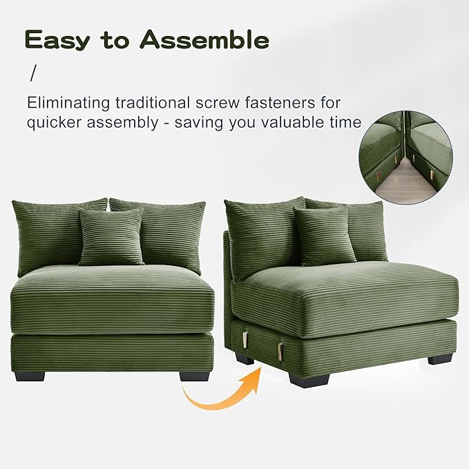 KEIKI 130" U-Shaped Oversized Corduroy Modular Cloud Sectional Sofa with 2 Ottoman, High-Density Foam Cushion, Extra-Thick Armrest, 3-Seater Fluffy Corner Couch with 9 Pillow, for Living Room, Green