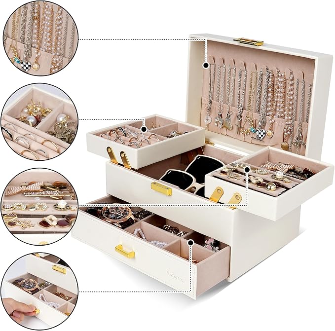 Dajasan Jewelry Box for Women, 3 Layers Large Jewelry Organizer Box, Jewelry Storage Case for Earring, Ring, Necklace, Bracelets (Cloud White + Gold)