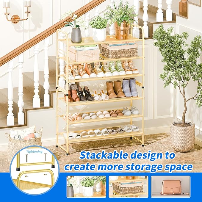 SUFAUY Shoe Rack for Closet, 33 inch Metal Shoe Rack Organizer Heavy Duty, 3 Tier Mesh for Shoes, Gold