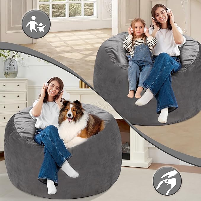 Homguava 3FT Bean Bag Chair: 3' Bean Bags with Memory Foam Filled, Large Beanbag Chairs Soft Sofa with Dutch Velvet Cover-Grey