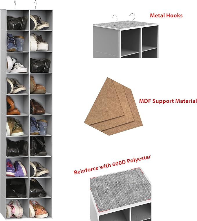 Simple Houseware Hanging Closet Organizers 20 Section Shoe Shelves, Gray