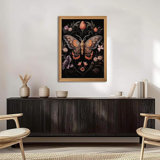 Framed Vintage 3D Textured Wall Art - Gothic Butterfly Wall Decor - Hand Drawn Sandstone Nature Botanical Pictures for Living Room Bedroom Home Decor 24x36in