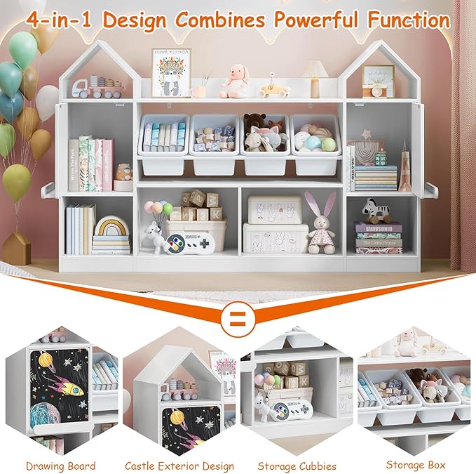 Vabches Castle Shape Children's Bookcase with Blackboard, Kids Bookshelf Display Case Kids Toy Storage Organizer Bookshelf Suitable for Playroom, Children's Room, Living Room, White