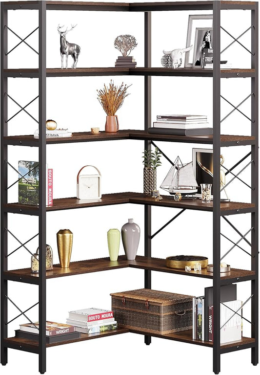 Corner Bookshelf 6-Tier, Tall Book Shelf L-Shaped, Large Etagere Bookcase Industrial Style with Metal Frame for Home Office Shelves