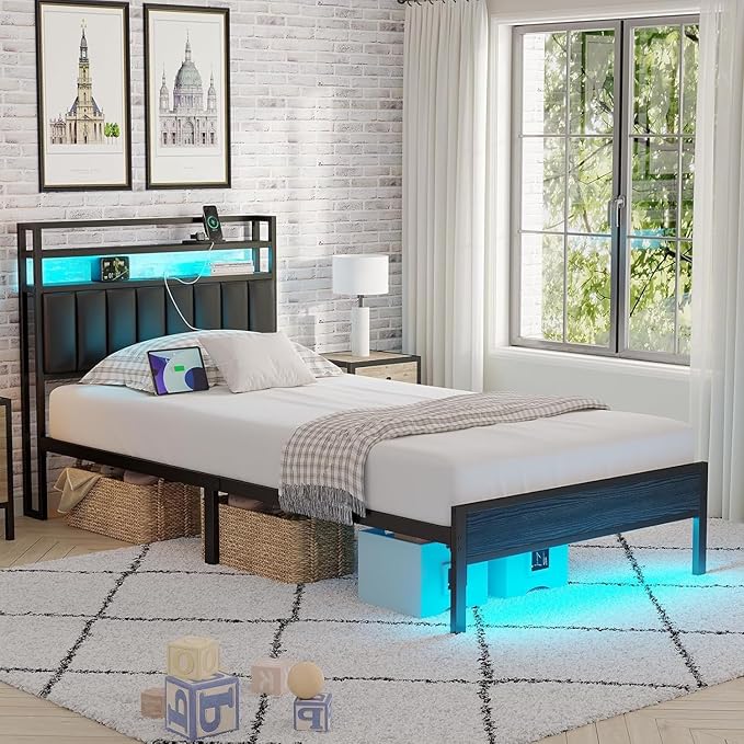 Twin Bed Frame with Headboard,Classic Metal Platform Bed Frame-LED Bed Frame with USB Charging Station,Mattress Foundatione-Under Bed Storage,No Box Spring Needed,Noise Free