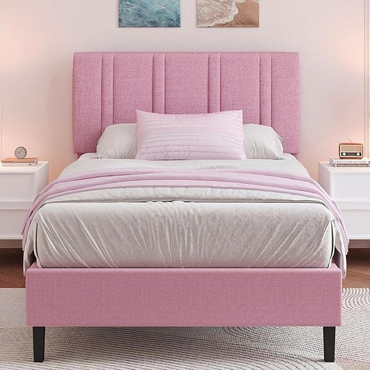 Twin Bed Frames with Tufted Headboard, Upholstered Platform Bed with Wooden Slats Support, Princess Bed Frame for Girls, Easy Assembly, No Box Spring Required, Pink