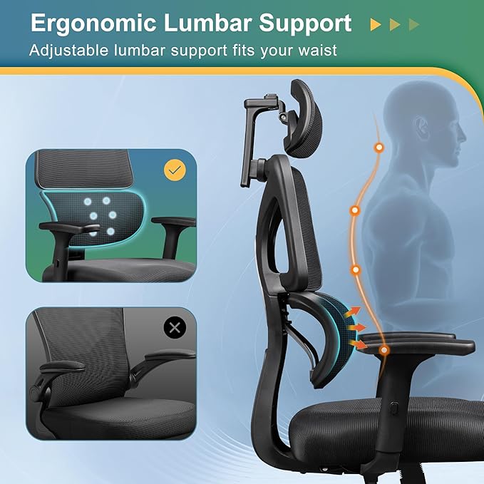 DEVAISE Office Chair Big and Tall Reclining Ergonomic Desk Chair for Long Hours, Comfy Breathable Mesh, Adjustable Armrests with Lumbar Support, Black