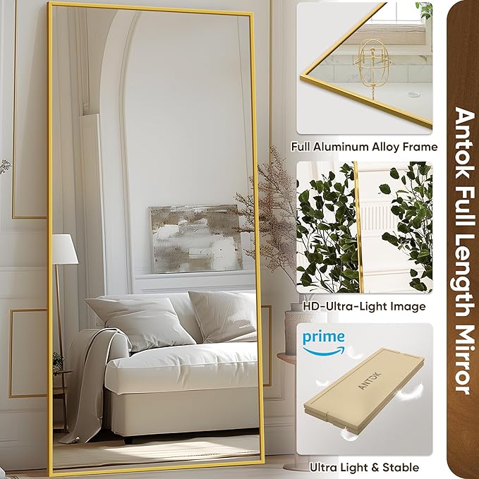 Antok Full Length Mirror, 76"x34" Floor Mirror with Stand, Hanging Mounted Mirrors for Bedroom, Living Room, Cloakroom, Dining Room, Gold, Rect