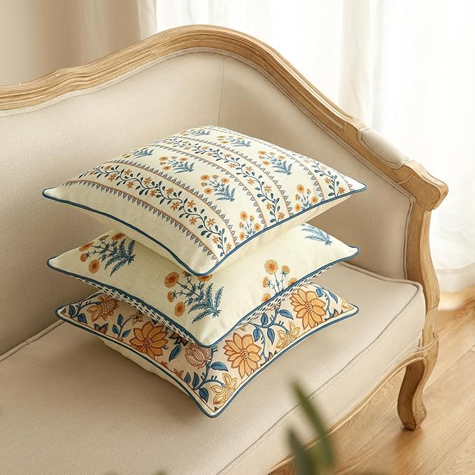 Design Square Simple Elegant Linen Throw Pillow Covers 18"x18" Pack of 2, Blue Yellow Floral Pattern Cushion Covers Decor Pillowcases for Bed,Living Room,Outdoor,Car