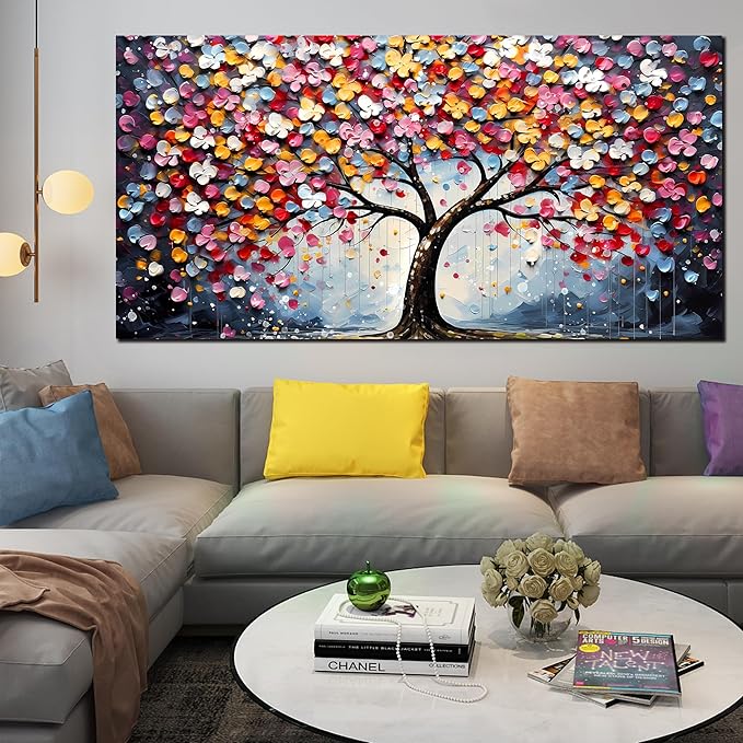 Zoyotago Large Canvas Wall Art Colorful Flower Tree Picture Gray Backgrounds Canvas Prints Ready to Hang for Bedroom Living Room Size 30x60