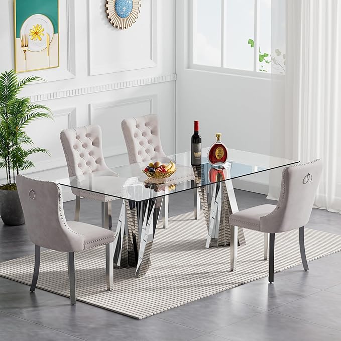 Goujxcy Modern 5 Piece Glass Dining Table Set Luxury Glass Kitchen Table and Chair Set for 4, 70" Large Rectangular Dining Room Table with 4 Tufted Chairs and Stainless Steel Legs (Silver & Beige)