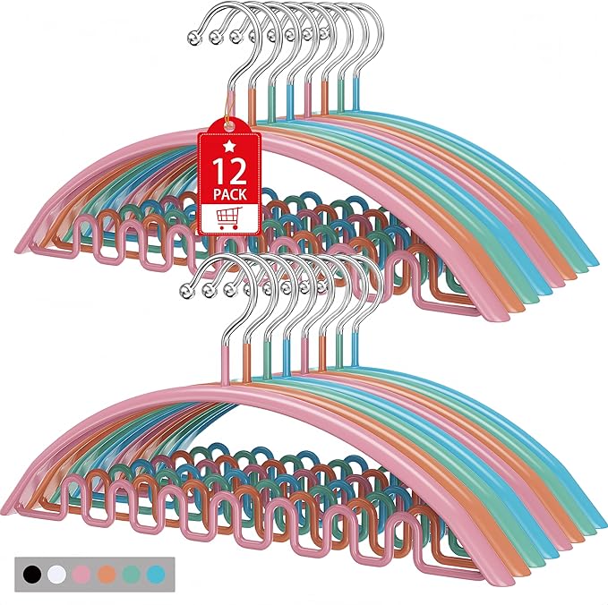 Clothes Hangers 12 Pack, Sweater Hangers No Shoulder Bump Metal Non Slip Heavy Duty Coat Hangers for Closet Organizers and Storage Space Saving Shirt Hanger for Suits Dresses Jackets Bra Shirt Multi