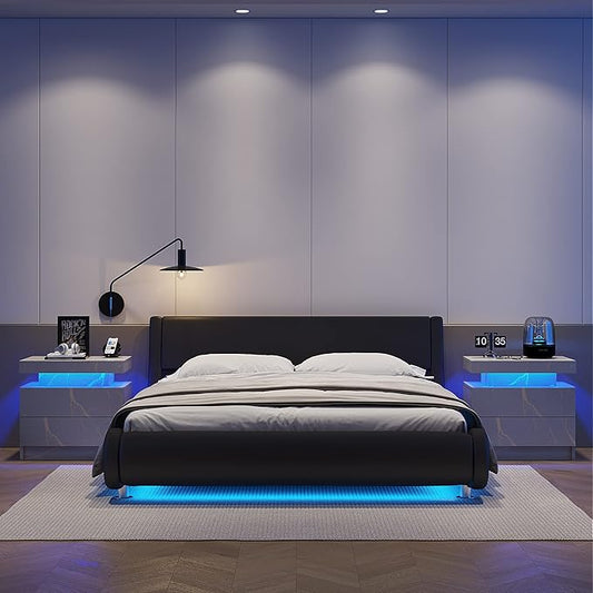 LED Nightstands Set of 2, Modern End Side Table with 2 Drawers, LED Bedroom Furniture for Bedroom and Living Room, Grey Marble Pattern