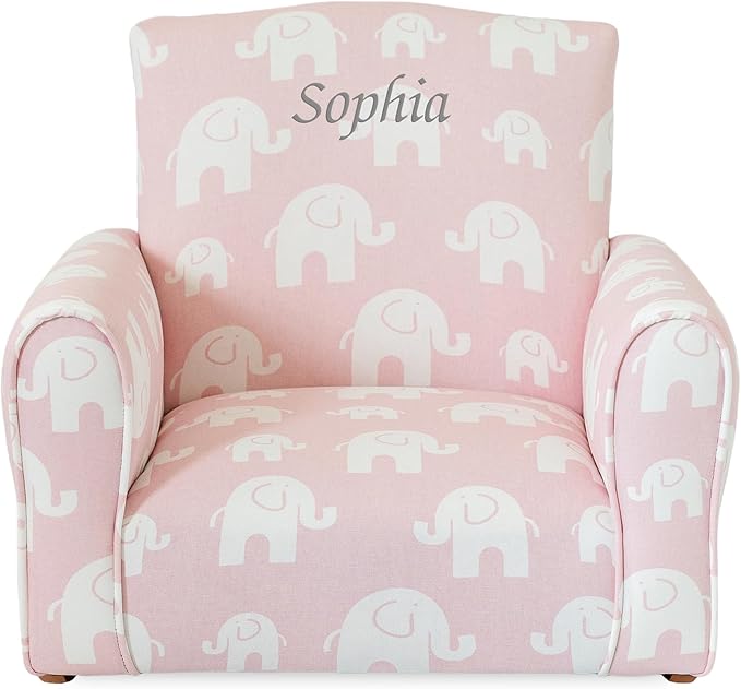 Toddler Personalized Armchair, Kids Upholstered Rocking Chair with Personalization, Toddler Chair with Personalized Name, Comfy Child Armchair, (Pink Elephants Print, Rockers)
