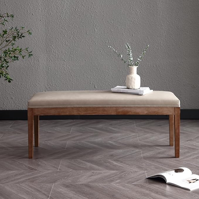 Upholstered Entryway Bench Modern Shoe Benches for Hallway Porch Bedroom Bench for End of Bed Dining Bench for Dining Table Dining Room Kitchen Window with Wood Legs, PU Leather, Grey