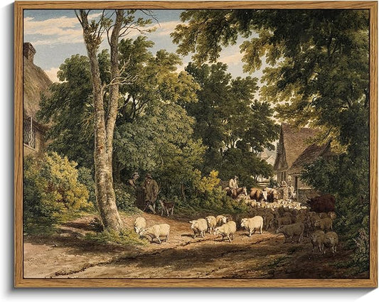 InSimSea Framed Canvas Wall Art Vintage Decor, Room Decor Classical Countryside Landscape Watercolor Painting Canvas Prints Wall Art for Living Room Badroom Farmhouse Bathroom Decor, 11"x14"