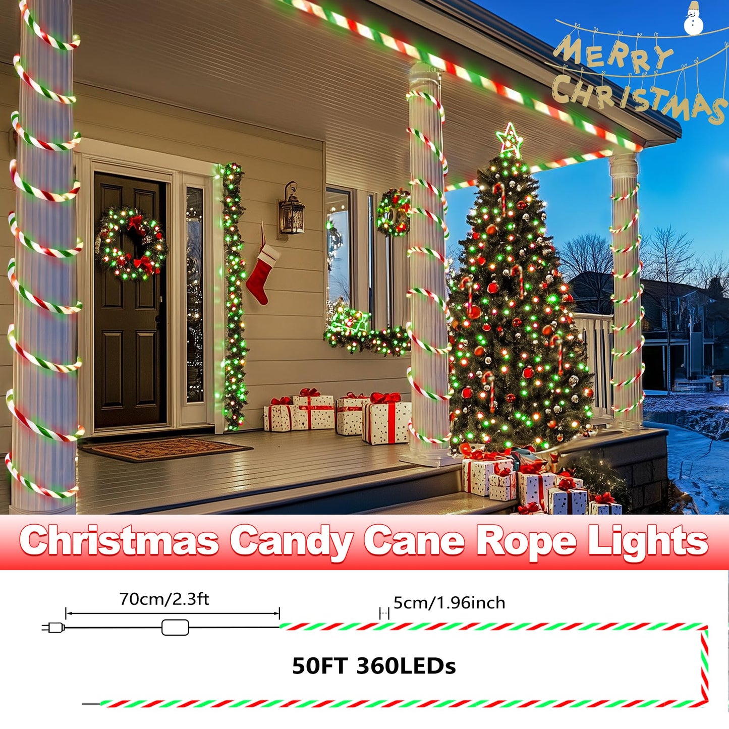 Toodour Christmas Candy Cane Lights, 50ft 360 LED Candy Cane Rope Lights Outdoor with 8 Modes, Connectable, Timer, Waterproof Red White Green Christmas Light for Garden Patio Bedroom Party Xmas Decor