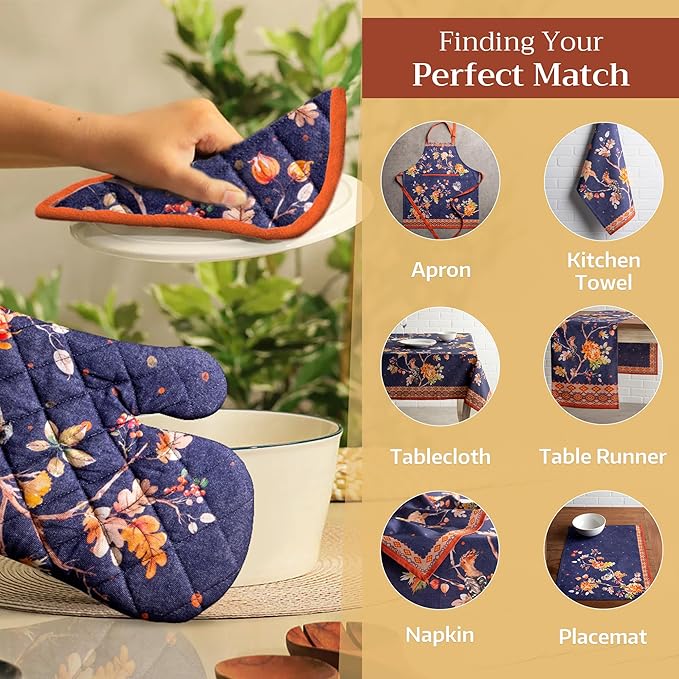 Maison d' Hermine 100% Cotton Oven Mitt & Pot Holder Set (7.5"x13" & 8"x8") Heat Resistant BBQ Cooking Gloves with Loop for Thanksgiving Christmas Decorations Handling Hot Pans (Kelim - Infinity)