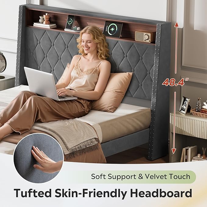 WLIVE Queen Size Upholstered Bed Frame with Storage Headboard, Velvet Square Tufted Platform Bed with Charging Station, Sturdy Metal & Wooden Slats Support, No Box Spring Needed, Grey