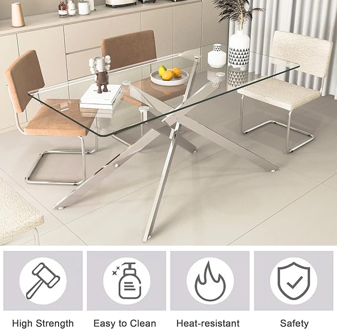 Goujxcy Glass Dining Table Set for 6, Modern Kitchen Table and Chairs Set of 6, 7-Piece Kitchen Dining Room Table Set w/61 Glass Silver Dining Table and 6 Green Velvet Upholstered Chairs