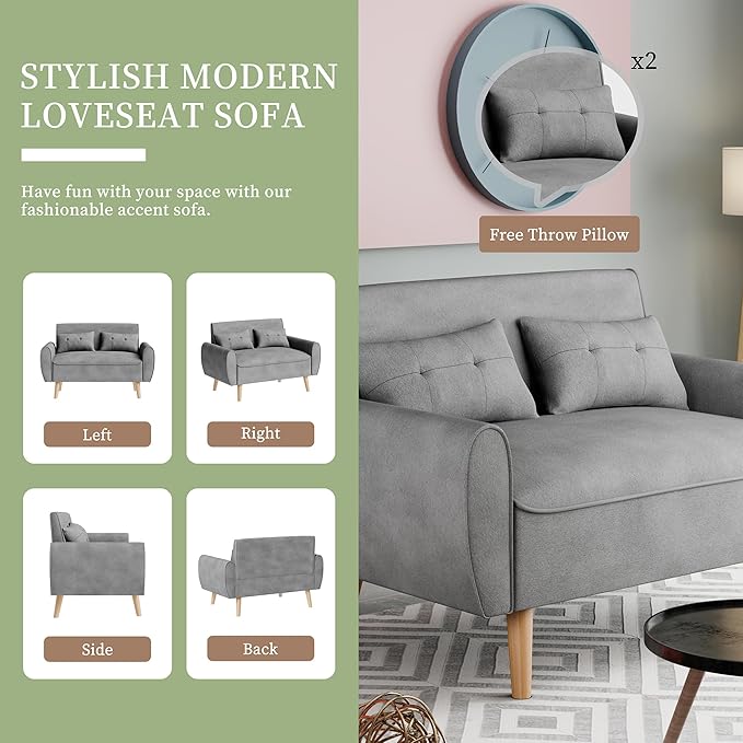 Vongrasig 47" Small Modern Loveseat Sofa, Mid Century Linen Fabric 2-Seat Sofa Couch Tufted Love Seat with Back Cushions and Tapered Legs for Living Room, Bedroom and Small Space (Light Gray)