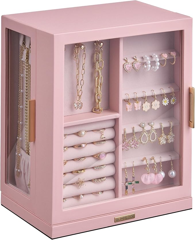 360° Rotating Jewelry Box with 5 Drawers, Spacious Vertical Jewelry Organizer with Glass Window, Jewelry Storage Case, Dustproof & Moisture-resistant Design, Pink