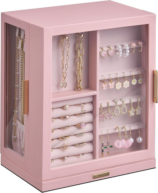360° Rotating Jewelry Box with 5 Drawers, Spacious Vertical Jewelry Organizer with Glass Window, Jewelry Storage Case, Dustproof & Moisture-resistant Design, Pink