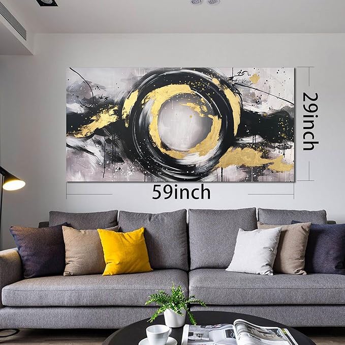 Black White and Gold Wall Art for Living Room Large Size - Hand Painted Wall Art for Bedroom - Abstract Painting Wall Decor Office Size 29" x 59"