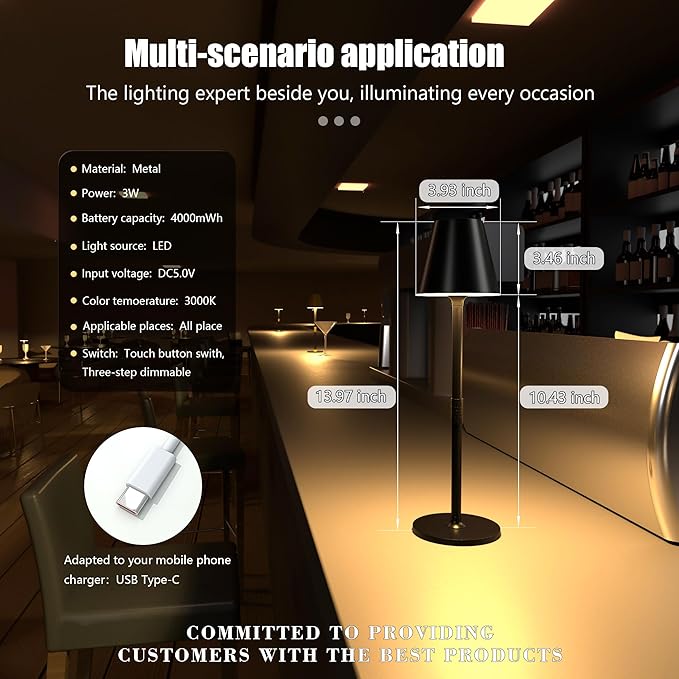 2 Pack LED CordlessTable Lamp,4000mAh Rechargeable Battery Desk lamp,3 Level Brightness Night Light,Minimalist Design, for Couple Dinner/Coffee Table/Restaurant/Bedroom(Black 2pack)