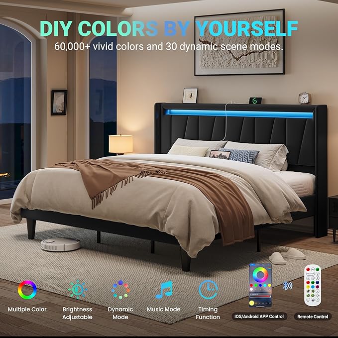 Allewie King Size LED Bed Frame with Charging Station, Velvet Upholstered Platform Bed with Geometric Wingback Headboard, Modern Frame with No Box Spring Needed, Easy Assembly, Black