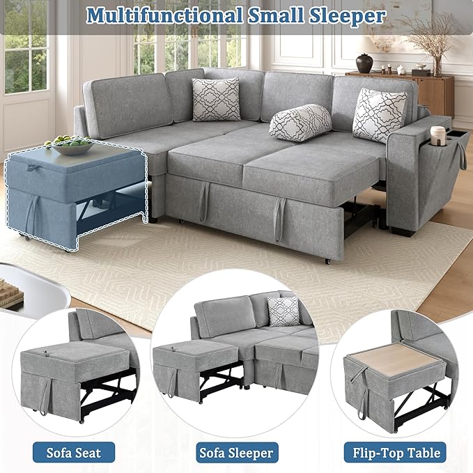 Ball & Cast Convertible Sleeper Sofa Bed,Chenille L Shaped Pull Out Couch Bed with Flip-Top Table,USB Ports & Hidden Cup Holders,Corner Sectional Sofa Couches for Living Room,Light Gray