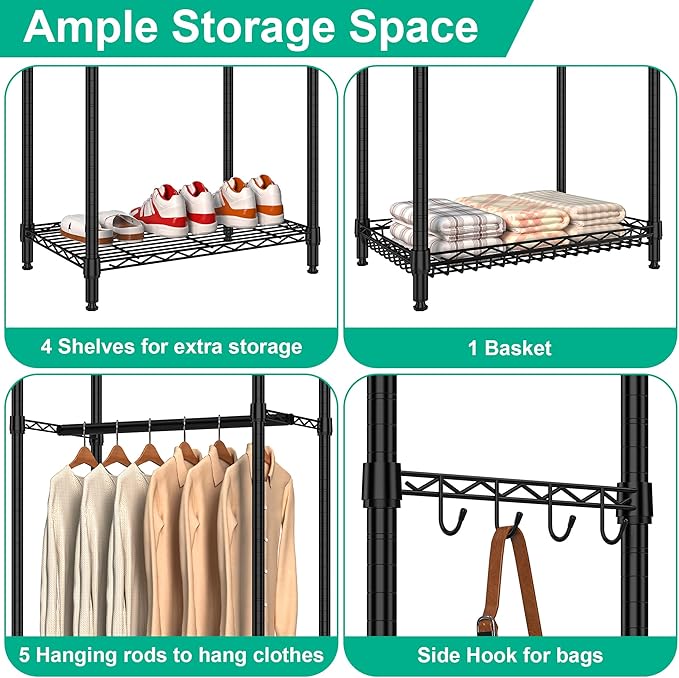Freestanding Closet System, Large Free Standing Closet Rack Organizer for Hanging Clothes Adjustable Metal Wire Clothing Rack with 5 Shelves & 5 Rods, Black