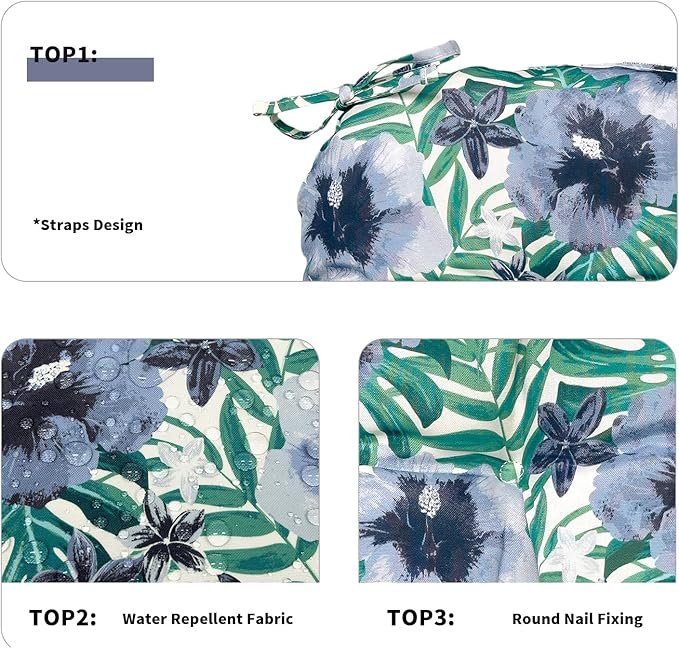 Set of 2 Outdoor Chair Cushions 19"x19"x4",Water Repellent Tufted Seat Cushions with Ties, Replacement Thick Chair Pads for Wicker Dining and Patio Furniture - Blue Salmone Tropical