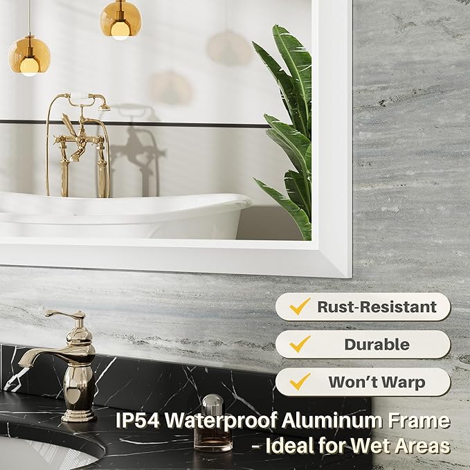 22x30 Inch White Bathroom Mirror for Wall, Thick Metal Framed Rectangle Mirrors for Over Sink, Bedroom, Living Room, Entryway, Anti-Rust, HD Tempered Glass
