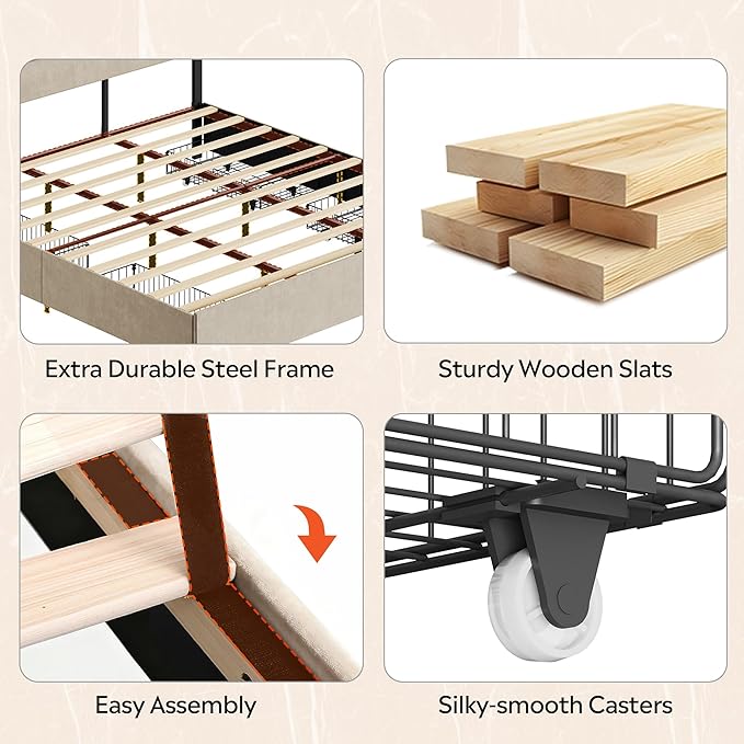 WLIVE King Size Upholstered Bed Frame with 4 Drawers and Velvet Square Tufted Headboard, Sturdy Metal & Wooden Slats Support, No Box Spring Needed, Easy Assembly, Beige