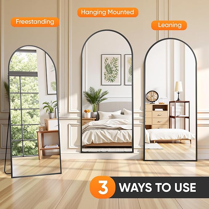 Suidia Full Length Mirror, 71"x26" Floor Standing Mirror Freestanding, Full Body Mirrors with Stand for Bedroom, Hanging Mounted for Living Room Cloakroom, Black, Arched Style
