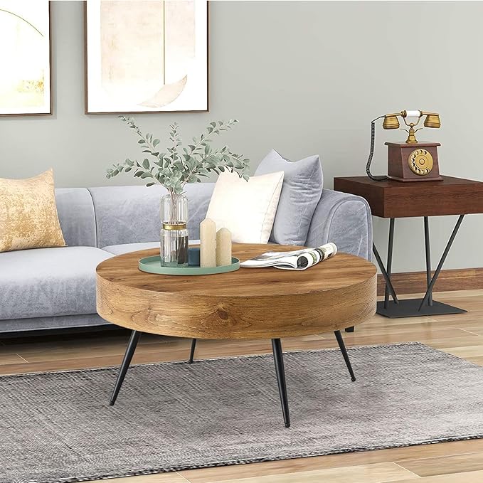 31.5'' Round Coffee Table for Living Room, Wood Texture Table Top, Black Metal Table Legs Tea Table for Dining Room Apartment Small Space (Brown)
