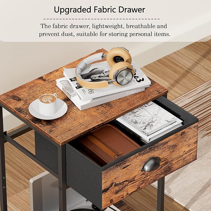 Furologee Nightstands Set of 2, Industrial End Table with Fabric Drawer and Storage Shelf, Retro Bedside Tables Organizer, Side Table for Living Room Bedroom, Rustic Brown