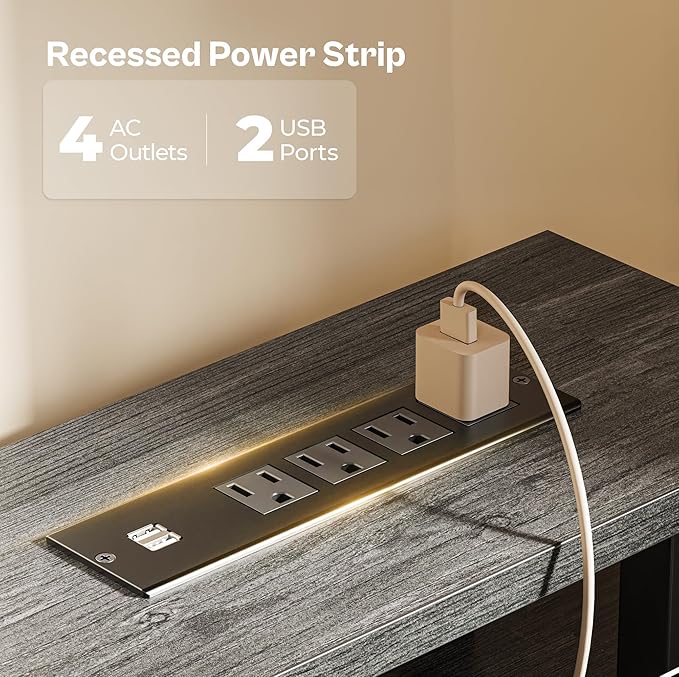 Huuger 55 inch Computer Desk with 4 Drawers, Gaming Desk with LED Lights & Power Outlets, Home Office Desk with Large Storage Space for Bedroom, Work from Home, Gray