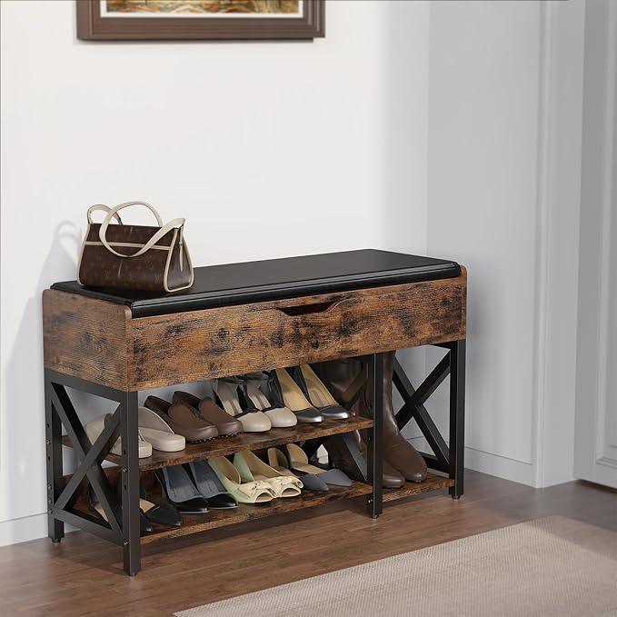 Shoe Bench, Lift Top Shoe Storage Bench, Adjustable Shelf Entryway Bench, Metal and Wood Shoe Rack Organizer with Cushion for Entry, Bedroom, Closet, Living Room, Hallway (Brown, 35.5“W)