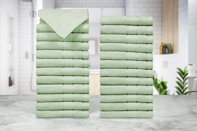 Casa Lino Face Towels & Body Wash Cloths for Showering - 100% Cotton Wash Cloths for Bathroom - Highly Absorbent & Quick Drying Washcloth Set - Cotton Washcloths 24 Pack - 12" x 12" (Light Sage Green)