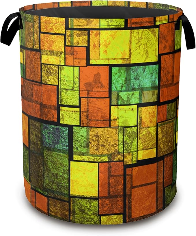 Laundry Basket,Colorful Stained Collapsible Laundry Baskets,Glass Wall Waterproof Oxford Hamper with Handles for Bathroom Bedroom Nursery Home Storage 16"x20"