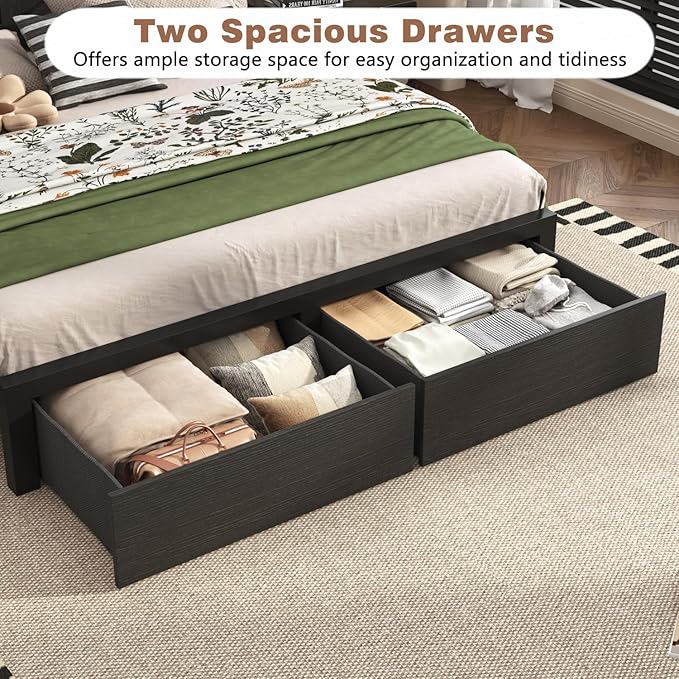 Farmhouse Queen Bed Frame with Bookcase Storage Headboard, Charging Station, LED Light and 2 Storage Drawers, Noise Free, No Box Spring Needed, Black